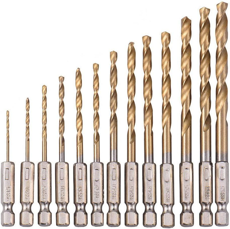 NUZAMAS 1/4 Hex Shank HSS Drill Bits, Set of 13 Titanium Coated Drill Bits, 1.5mm-6.5mm, High Speed Steel Quick Change for Woodworking, Plastic