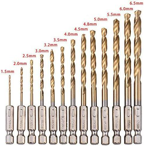 NUZAMAS 1/4 Hex Shank HSS Drill Bits, Set of 13 Titanium Coated Drill Bits, 1.5mm-6.5mm, High Speed Steel Quick Change for Woodworking, Plastic