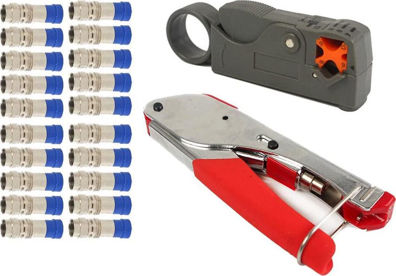 NUZAMAS F-Type Compression Crimper Stripper Set Hand Tool Rotary Coaxial Cable Crimping Stripping Cutting Pliers RG59 RG6 Crimp Cutter with 20 Connectors