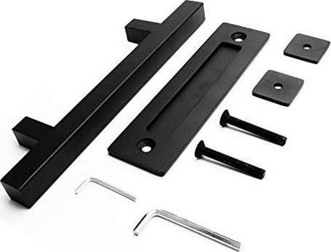 NUZAMAS Stainless Steel Door Handle, Sliding Barn Door Handle, Pull and Flush Set Single Square Handle Hardware -Black