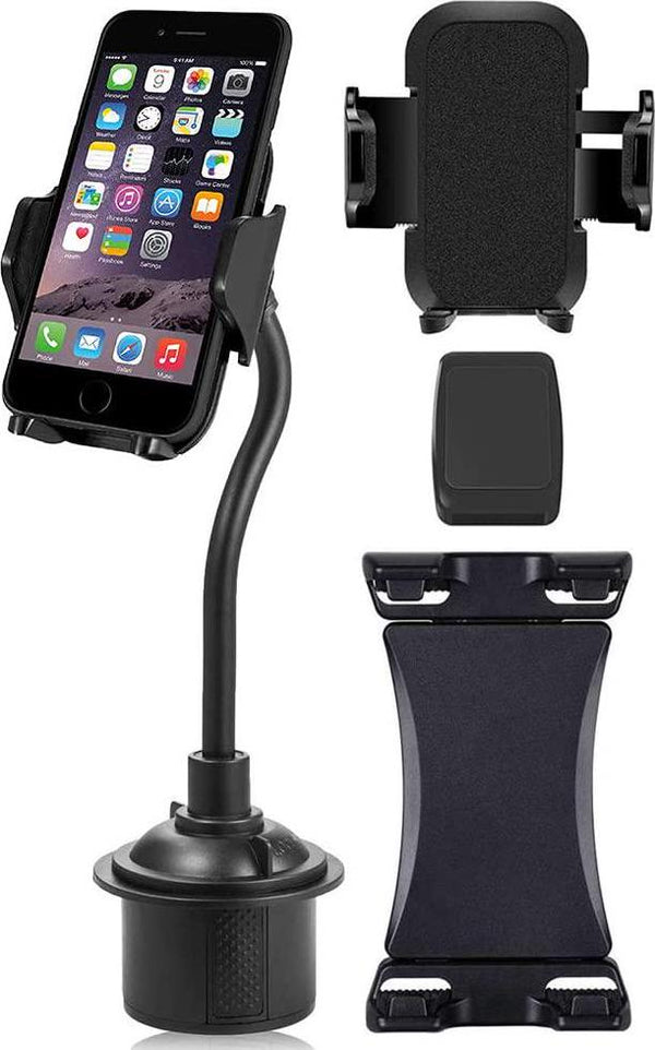 Nakedcellphone [Triple Threat] Cup Holder Mount for iPhone Smartphone iPad Mini with 3 Attachments [Magnetic, Padded Cell Phone Holder, XL Wide Tablet Clamp Grip ] - Universal Up to 9.5