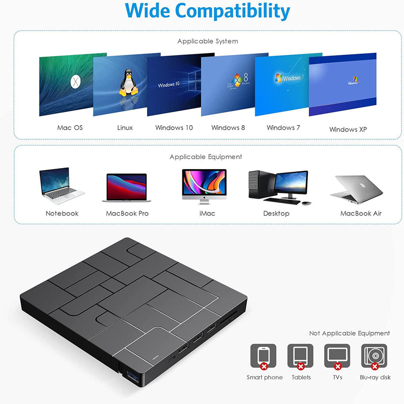 Newest AMIR External DVD Drive, USB 3.0 Portable CD/DVD +/-RW Drive/DVD Player for Laptop with 4 USB Ports and 2 SD Card Slots and 1 Type-C Ports Maximum 24x CD Write/Read Speed