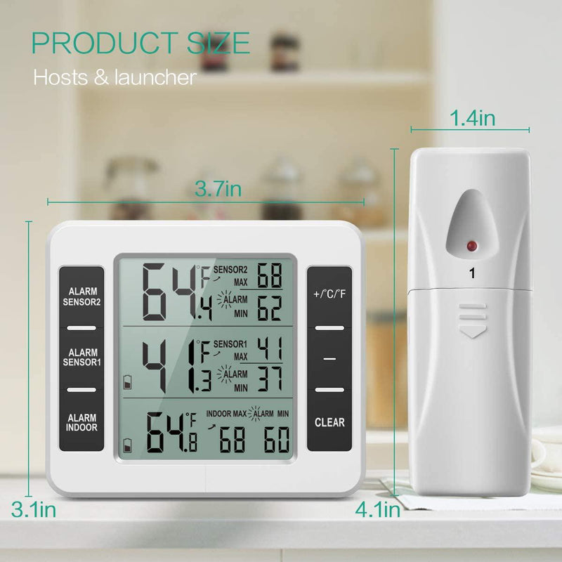 Amir Refrigerator Thermometer, Wireless Indoor Outdoor Digital Freezer Thermometer, Sensor Temperature Monitor with Audible Alarm Temperature Gauge