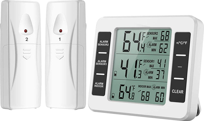 Wireless Digital Refrigerator Thermometer Audible Alarm Indoor Outdoor  Thermometer with Sensor Freezer Thermometer Min/Max Temperature Record 