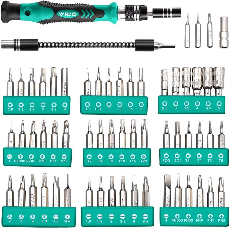ORIA Screwdriver Set, Professional Repair Tool Kit, Magnetic Driver Kit, 60 in 1 with 56 Bits with Flexible Shaft for Smartphone, Game Console, Tablet, PC, Glasses, Green