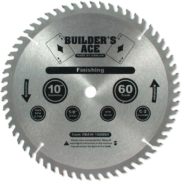Oshlun BAW-100060 10-Inch 60 Tooth Builder&#039;s Ace Finishing ATB Saw Blade with 5/8-Inch Arbor