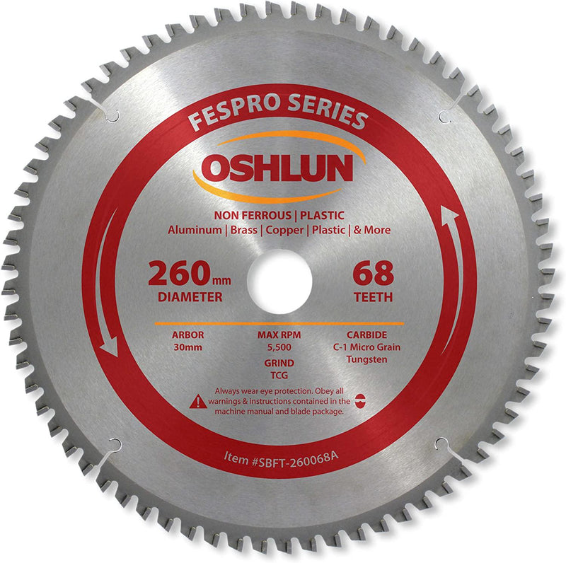 Oshlun SBFT-260068A 260mm 68 Tooth FesPro Non Ferrous TCG Saw Blade with 30mm Arbor for Festool Kapex KS 120