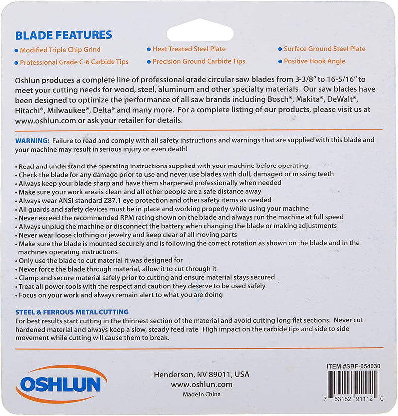Oshlun SBF-054030 5-3/8-Inch 30 Tooth MTCG Saw Blade with 20mm Arbor (5/8-Inch and 10mm Bushings) for Mild Steel and Ferrous Metals