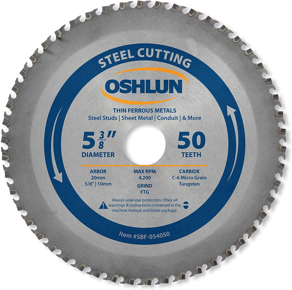 Oshlun SBF-054050 5-3/8-Inch 50 Tooth FTG Saw Blade with 20mm Arbor (5/8-Inch and 10mm Bushings) for Thin Mild Steel and Ferrous Metals