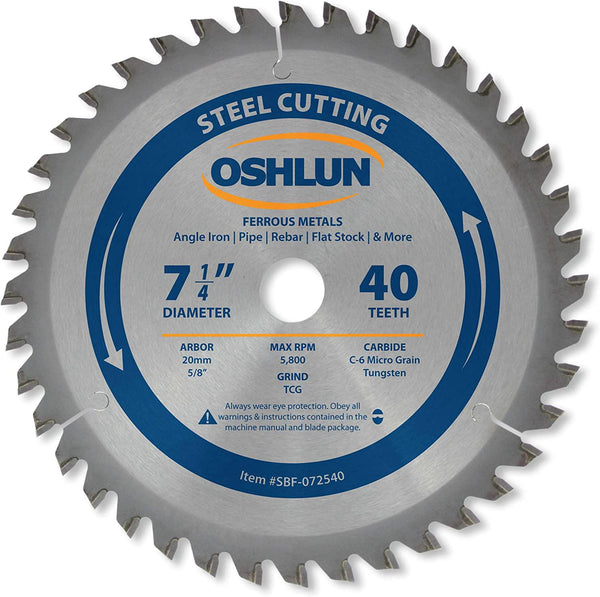 Oshlun SBF-072540 7-1/4-Inch 40 Tooth TCG Saw Blade with 20mm Arbor (5/8-Inch Bushing) for Mild Steel and Ferrous Metals