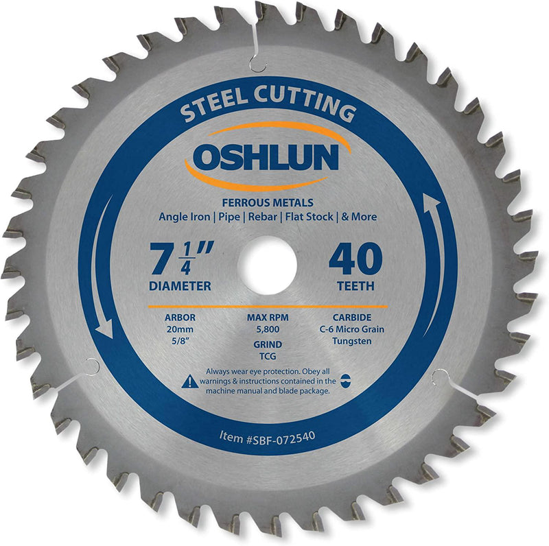 Oshlun SBF-072540 7-1/4-Inch 40 Tooth TCG Saw Blade with 20mm Arbor (5/8-Inch Bushing) for Mild Steel and Ferrous Metals