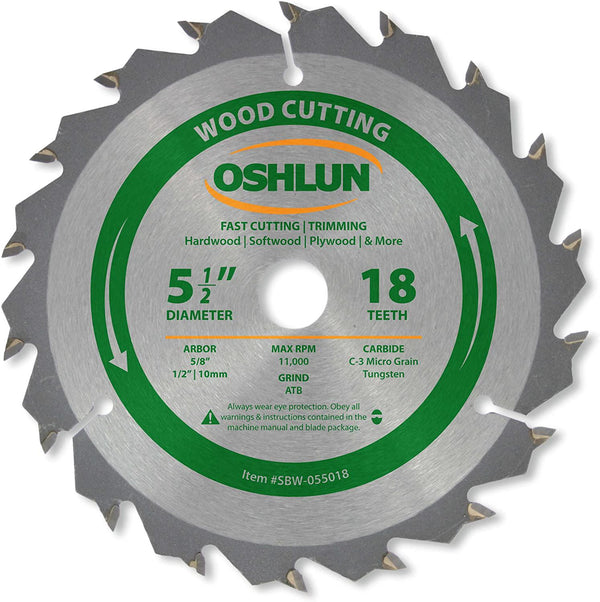 Oshlun SBW-055018 5-1/2-Inch 18 Tooth ATB Fast Cutting and Trimming Saw Blade with 5/8-Inch Arbor (1/2-Inch and 10mm Bushings)