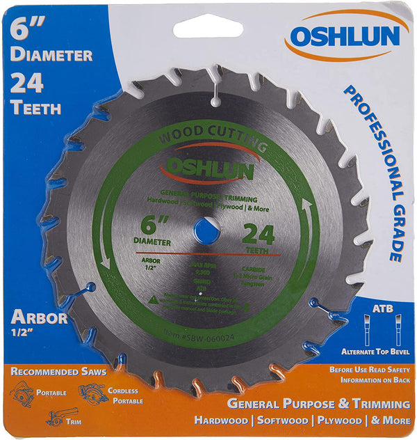 Oshlun SBW-060024 6-Inch 24 Tooth ATB General Purpose and Trimming Saw Blade with 1/2-Inch Arbor
