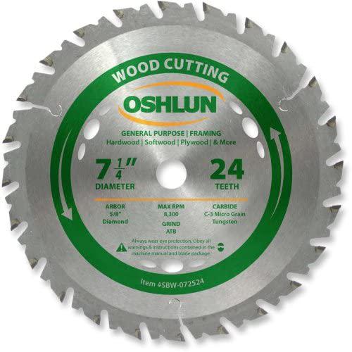 Oshlun SBW-072524 7-1/4-Inch 24 Tooth ATB General Purpose and Framing Saw Blade with 5/8-Inch Arbor (Diamond Knockout)