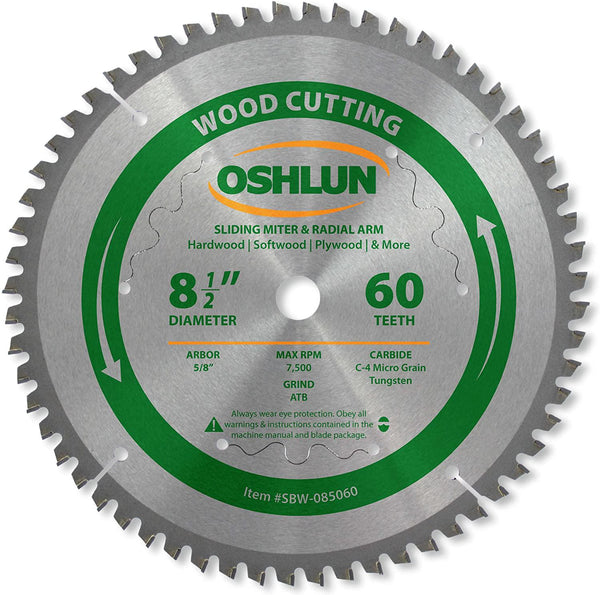 Oshlun SBW-085060 8-1/2-Inch 60 Tooth Negative Hook Finishing ATB Saw Blade with 5/8-Inch Arbor for Sliding Miter Saws
