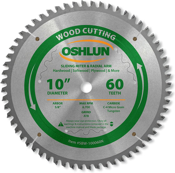 Oshlun SBW-100060N 10-Inch 60 Tooth Negative Hook Finishing ATB Saw Blade with 5/8-Inch Arbor for Sliding Miter and Radial Arm Saws