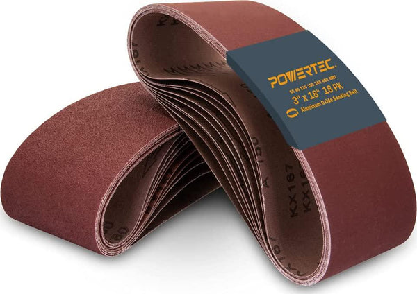 POWERTEC 110808 3 x 18 Inch Sanding Belts | Aluminum Oxide Sanding Belt Assortment, 3 Each of 60 80 120 150 240 400 Grits | Premium Sandpaper for Portable Belt Sander 18 Pack