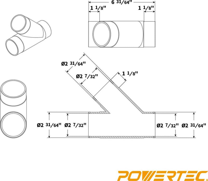 POWERTEC 70228 2-1/2 Inch Y-Fitting Dust Collection Hose Connector, Clear Color
