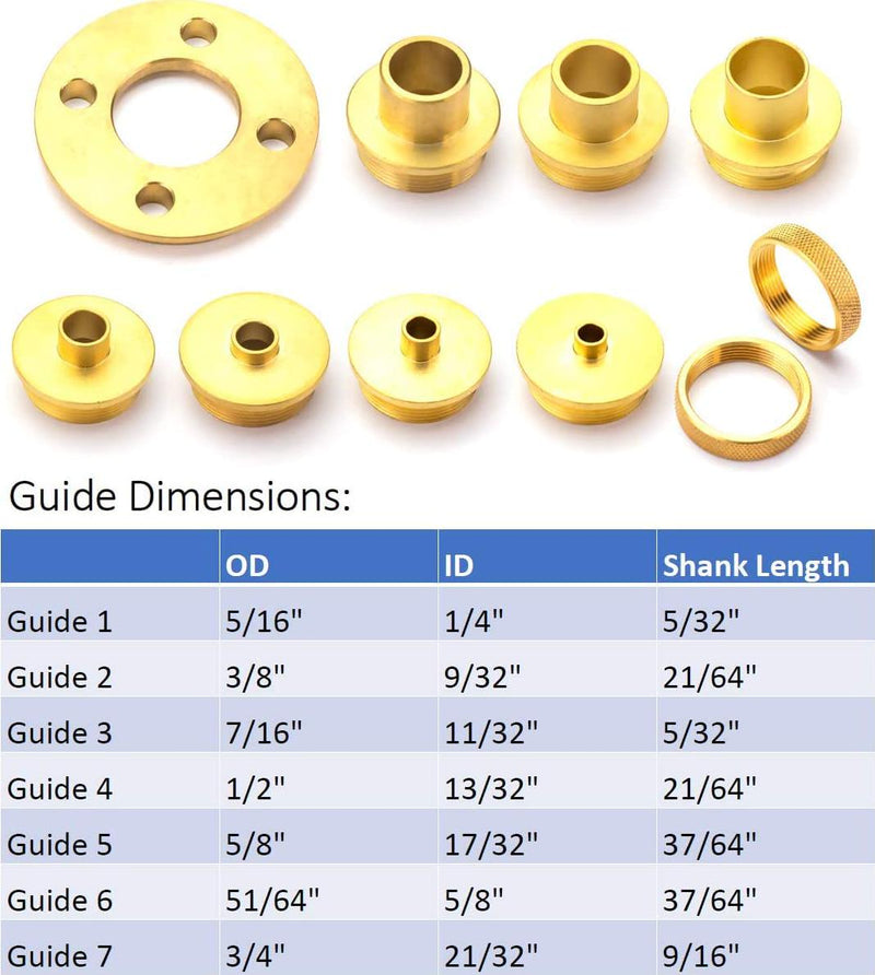 POWERTEC 71220 10 Piece Solid Brass Template Guide Kit with Adaptor | CNC Precision Ground | Router Guide for Templates | Includes 7 Router Guides and 2 Lock Nuts and Adaptor
