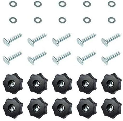 POWERTEC 71481 T-Track Knob Kit w/ 7 Star Threaded 1/4-20 Knobs, T-Bolts and Washers for Woodworking Jigs and Fixtures 10 Pack