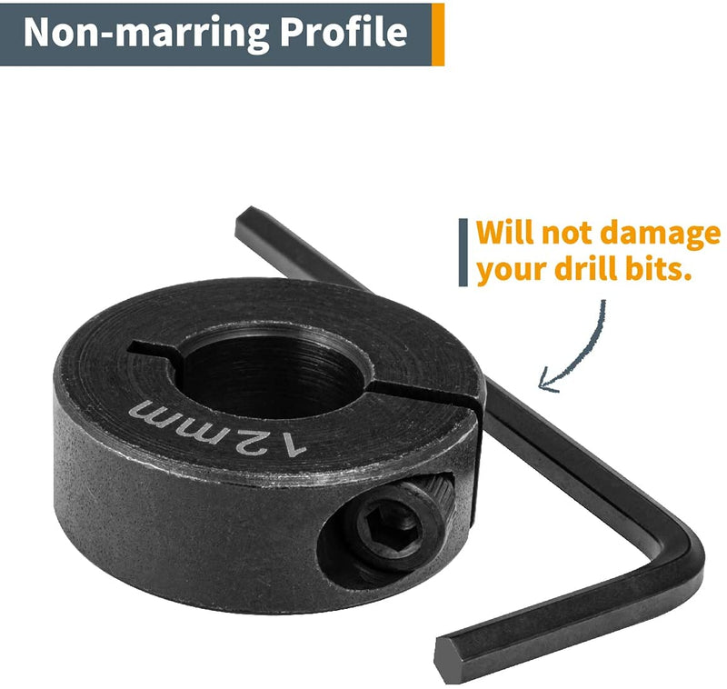 POWERTEC 71492 Drill Bit Stop Collar w/Split Ring Design and Size Markings - 3mm, 4mm, 5mm, 6mm, 8mm, 10mm, 12mm - 7 Piece Set