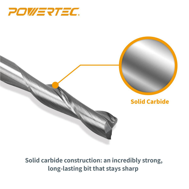 POWERTEC 73002 Solid Carbide Router Bit Standard ¼ Shank Spiral Bit with Up Cut, ¼ Inch Cutting Diameter and 1-Inch Cutting Length