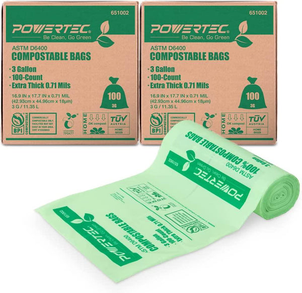 POWERTEC ASTM D6400 Certified-Compostable Bags 3 Gallon | Extra Thick (0.71 Mil) 100% Sustainable Compost Green Bags for Backyard Food Scraps Waste and Composting at Home - 200 Count