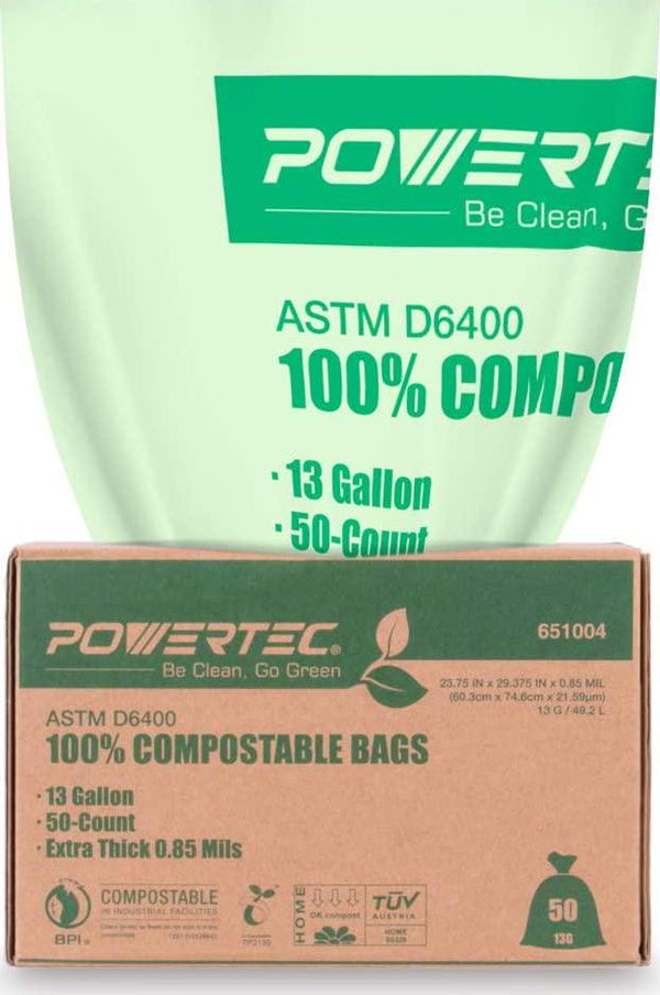 POWERTEC ASTM D6400 Certified-Compostable Bags 13 Gallon | Heavy Duty (0.85 Mil) 100% Sustainable Compost Green Bags for Backyard Food Scraps Waste and Composting at Home - 200 Count