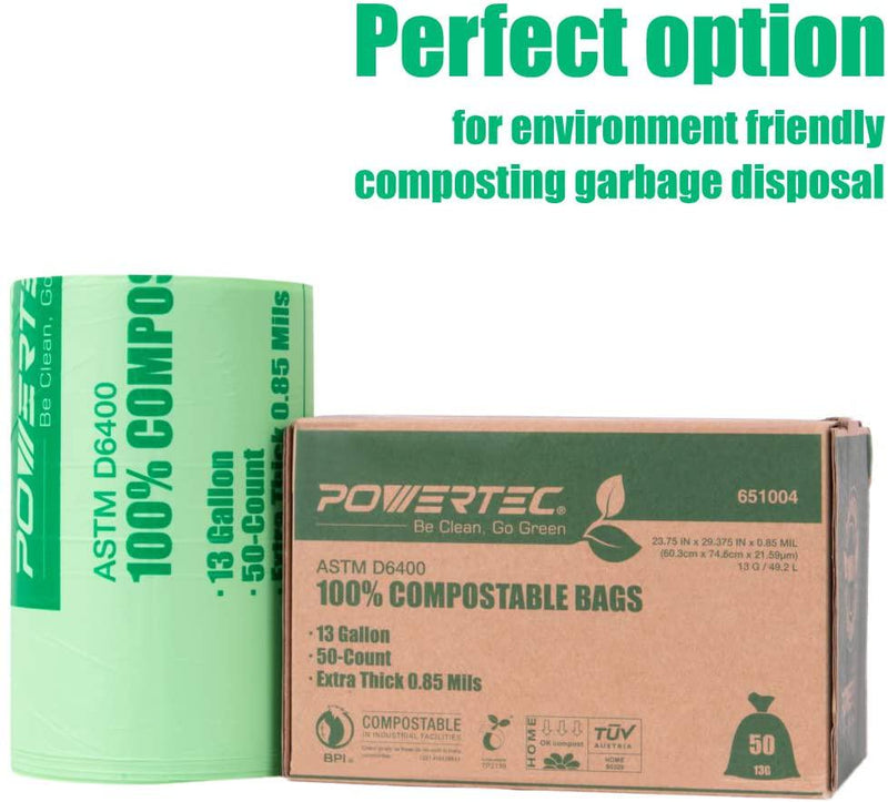 POWERTEC ASTM D6400 Certified-Compostable Bags 13 Gallon | Heavy Duty (0.85 Mil) 100% Sustainable Compost Green Bags for Backyard Food Scraps Waste and Composting at Home - 200 Count