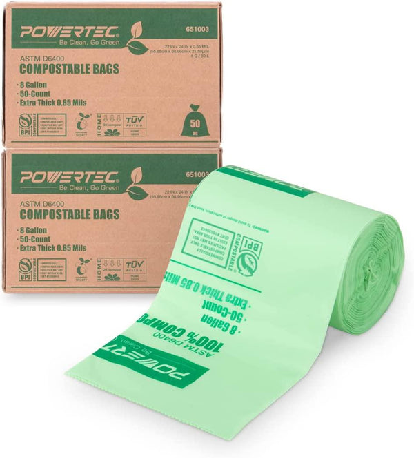 POWERTEC Green and Sustainable 8 Gallon Compost Bags | Heavy Duty (0.85 Mil) | ASTM D6400 Certified-Compostable Trash Bags for Backyard Food Scraps Waste and Composting at Home - 100 Count