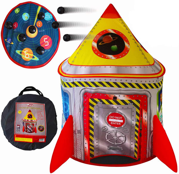 Playz 5-in-1 Rocket Ship Play Tent for Kids with Dart Board, Tic Tac Toe, Maze Game, and Immersive Floor - Indoor and Outdoor Popup Playhouse Set for Toddler, Baby, and Children Birthday Gifts
