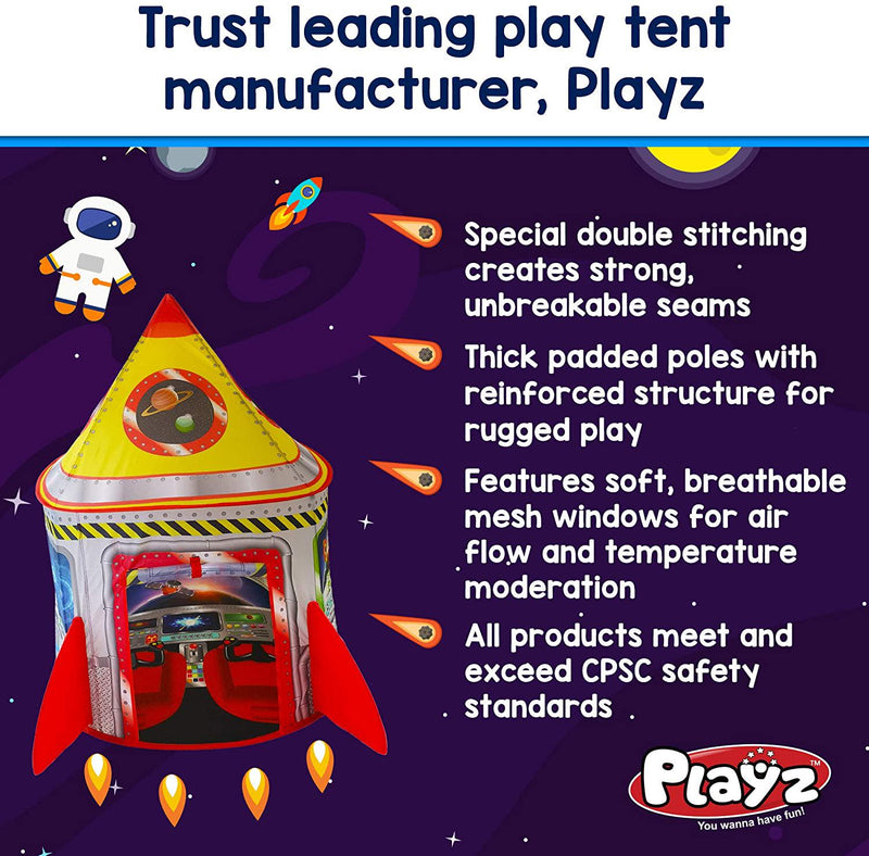 Playz 5-in-1 Rocket Ship Play Tent for Kids with Dart Board, Tic Tac Toe, Maze Game, and Immersive Floor - Indoor and Outdoor Popup Playhouse Set for Toddler, Baby, and Children Birthday Gifts