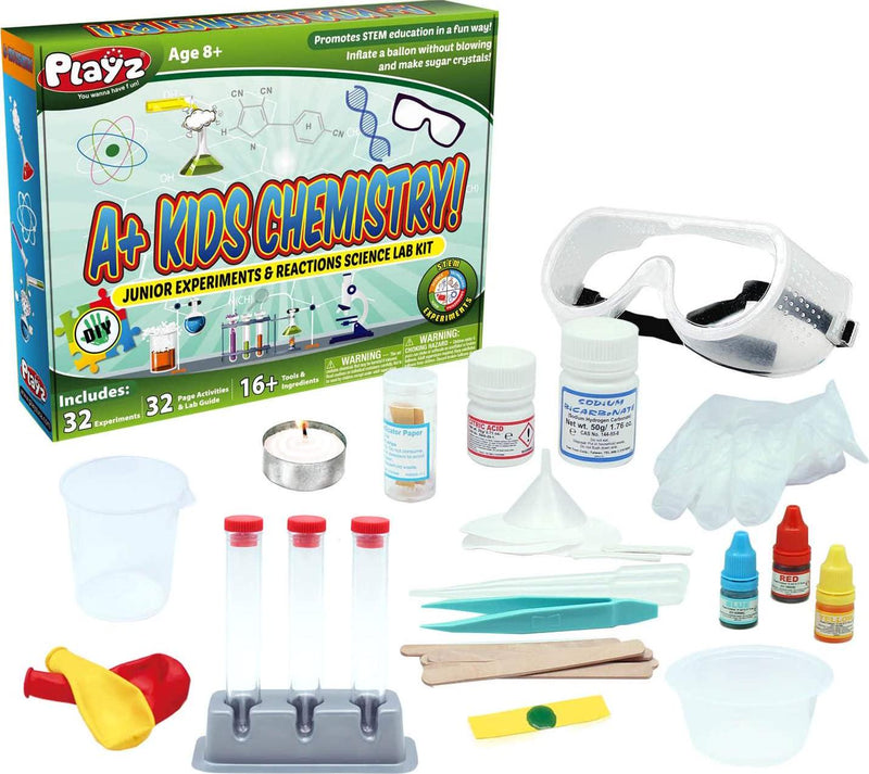 Playz STEM A+ Kids Chemistry Junior Experiments and Reactions Science Lab Kit - 72+ Experiments 36 Page Laboratory Guide and 27+ Tools and Ingredients for Boys Girls Teenagers and Kids