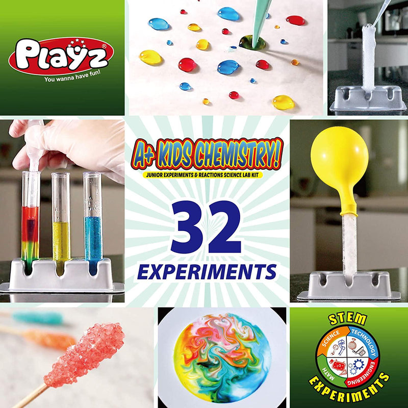 Playz STEM A+ Kids Chemistry Junior Experiments and Reactions Science Lab Kit - 72+ Experiments 36 Page Laboratory Guide and 27+ Tools and Ingredients for Boys Girls Teenagers and Kids