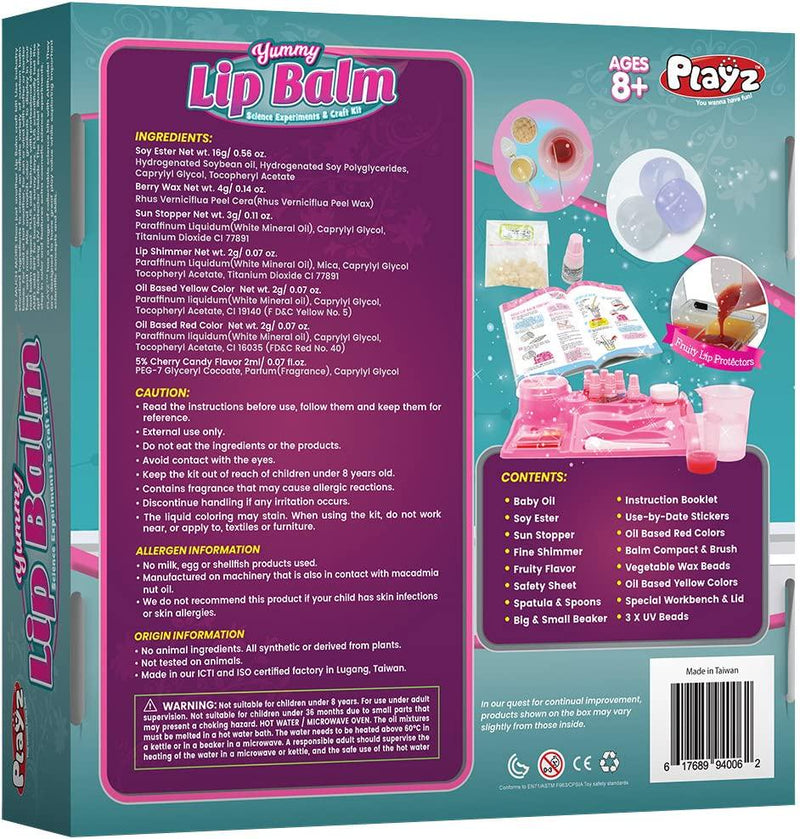 Playz Yummy Lip Balm Science Experiments Arts and Craft Kit - 26+ Tools to Make Fruity Lipstick, Shimmering Balms, and Solar Lip Screens w/ Tasty Ingredients for Girls, Boys, Teenagers and Kids Ages 8+