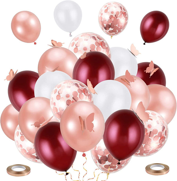 Pllieay 49pcs Rose Gold Confetti Balloon Set Including 30pcs Latex Balloons, 5pcs Confetti Balloons, 12pcs 3d Butterfly and 2pcs Ribbons for Birthday, Weddings, Party Decorations
