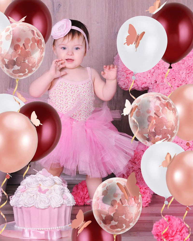Pllieay 49pcs Rose Gold Confetti Balloon Set Including 30pcs Latex Balloons, 5pcs Confetti Balloons, 12pcs 3d Butterfly and 2pcs Ribbons for Birthday, Weddings, Party Decorations