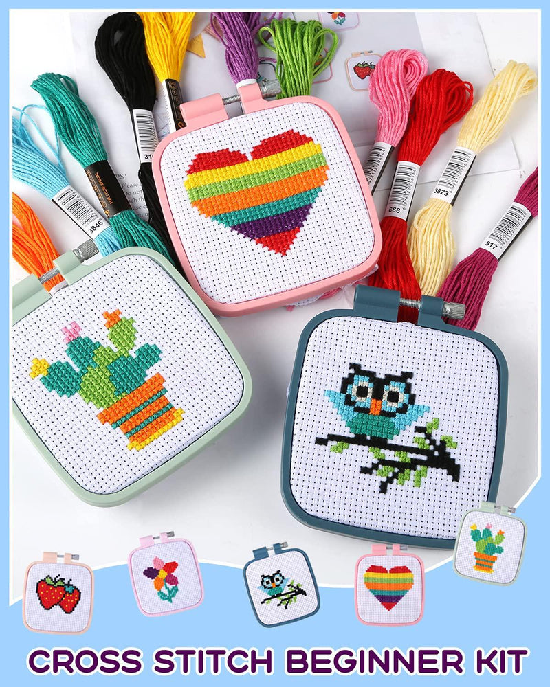 Pllieay 5PCS Cross Stitch Beginner Kit for Children 7-13, Includes 5 Project Patterned and 5pcs Square Embroidery Hoops, 11 Skeins, Needle Point Starter Kit Sewing Set with Instructions