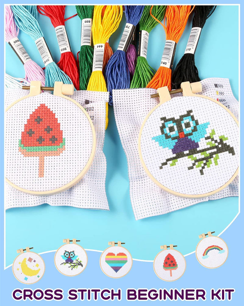 Pllieay Cross Stitch Kit for Kids 7-13, Includes 6pcs Project Cross Stitch Pattern and 2pcs Hoops, 12 Skeins Threads, Needle Point Starter Kit Sewing Set with Instructions