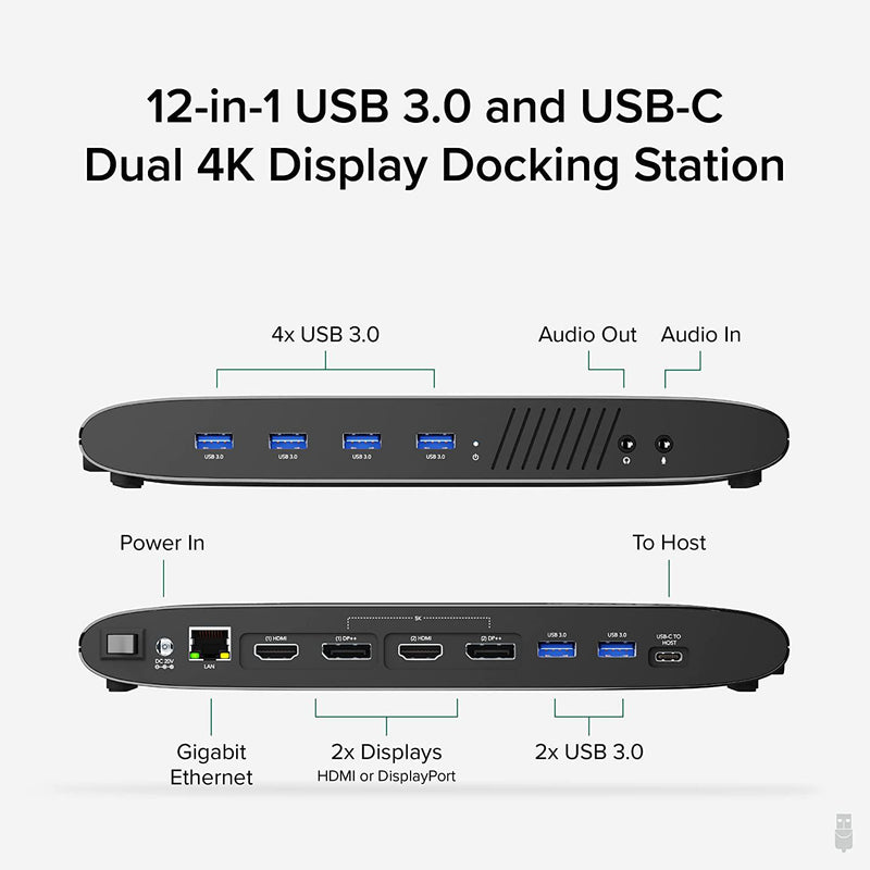 Plugable USB 3.0 and USB-C 4K DisplayPort and HDMI Dual Monitor Adapte