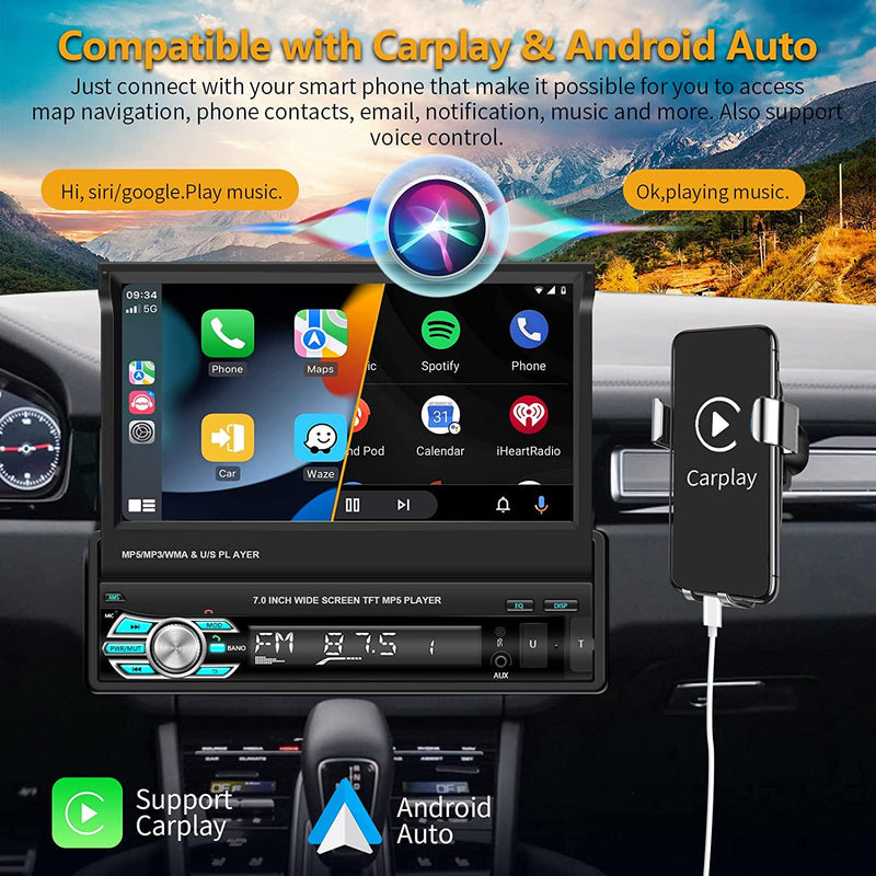 Podofo Single 1 Din 9'' Car Stereo HD Touch Screen Multimedia Car MP5  Player Car Radio Audio Bluetooth Mirror Link USB FM Function,with  Microphone& Rearview Camera 