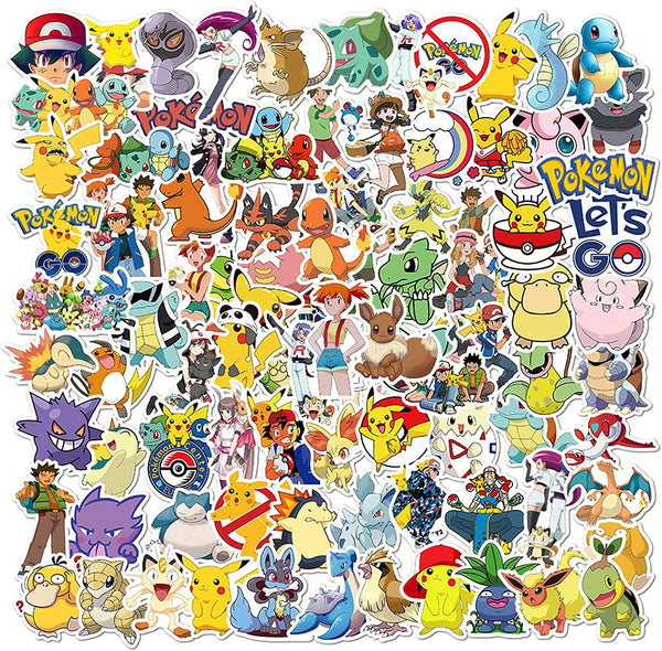 Poke Stickers,100 PCS Cartoon Pikachu Graffiti Vinyl Waterproof Decals for Water Bottles Computer Bicycle Skateboard Luggage Phone Pad Laptop Kids Teens Stickers Pack