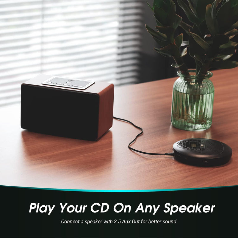 Portable CD with Speaker Rechargeable August SE10 Aux Out and MP3 Player for Home and Car, for Lessons, Disc and Micro SD, Equalizer, Anti-Shock, Small and Thin, Battery, Adult or Kids - Black