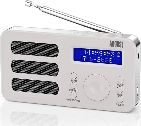 Portable DAB Radio - August MB225 - DAB/DAB +/FM - RDS Function, 40 Presets, Stereo/Mono Portable Digital Radio, Dual Alarm, Rechargeable Battery, Headphone Jack (White)