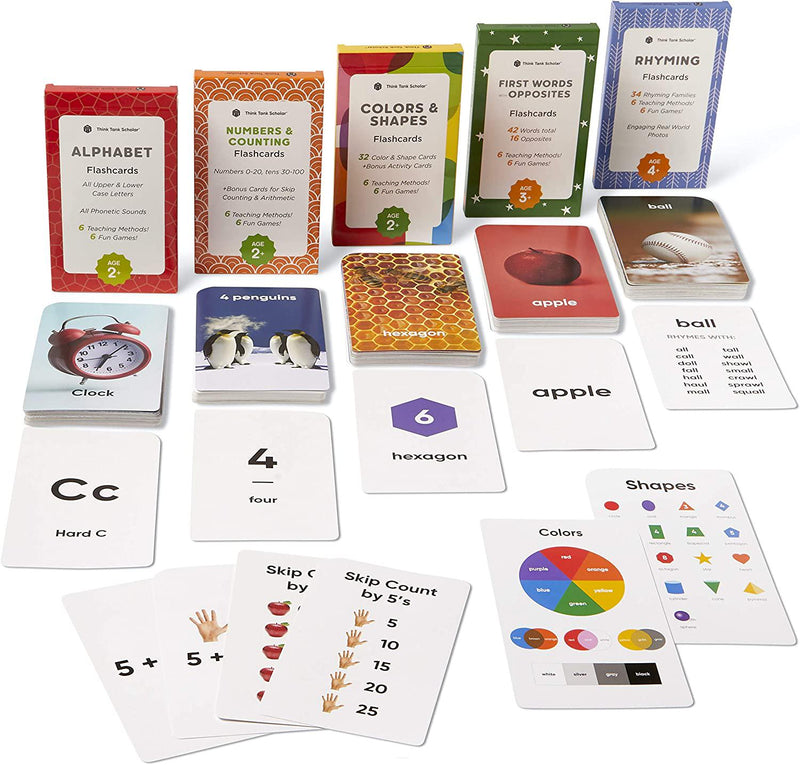 Preschool Flash Cards Learning Bundle - Alphabet, Numbers, Colors, Shapes, First Words, and Rhyming for Toddlers Ages 2-6