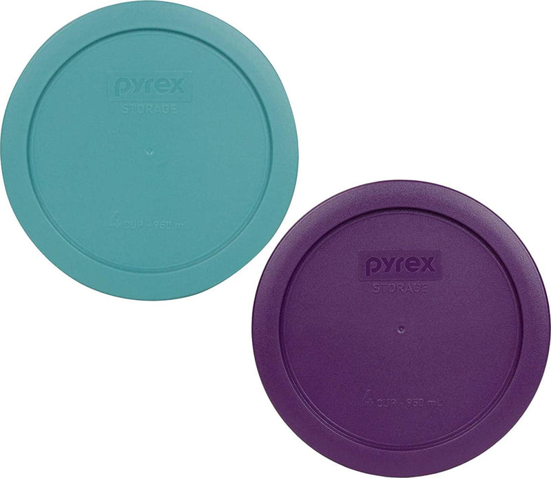 Pyrex 7201-PC 4 Cup (1) Turquoise (1) Purple Round Plastic Lids - 2 Pack
