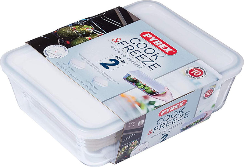Pyrex Cook And Freeze Rectangular Glass Dish Set With BPA-Free Plastic Lids (Set Of 2), 1.5 Litres And 2.6 Litres (Minimum order quantity:2)
