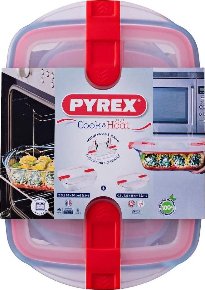 Pyrex Cook and Heat Oven Dish Set (4 Piece Set), Airtight, BPA Free Lid with Sliding Valves and Locking Clip, 2.5L and 0.8L