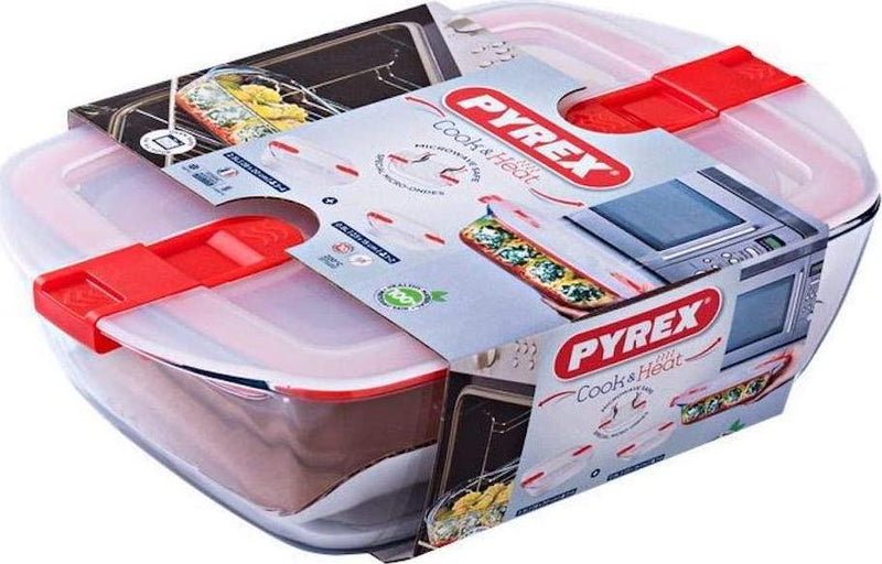 Pyrex Cook and Heat Oven Dish Set (4 Piece Set), Airtight, BPA Free Lid with Sliding Valves and Locking Clip, 2.5L and 0.8L
