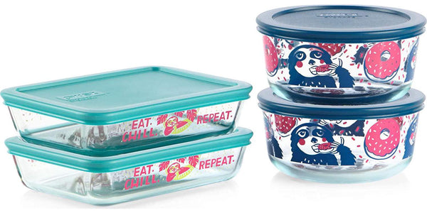 Pyrex Simply Store Decorated Glass Storage Set (8 Piece) Pure Magic Sloth Design, 2 x 4 Cup and 2 x 3 Cup Container